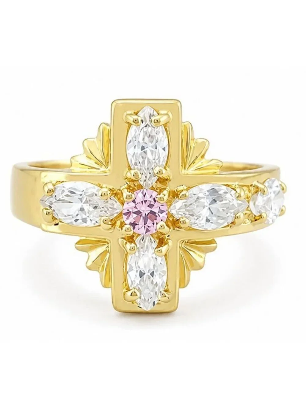 Created Pink & White Sapphire Cross Ring Solid 14k Yellow Gold